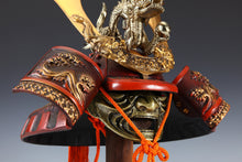 Japanese Samurai Kabuto Helmet -Greater gold dragon- red helmet with a mask