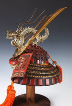 Japanese Samurai Kabuto Helmet -Greater gold dragon- red helmet with a mask